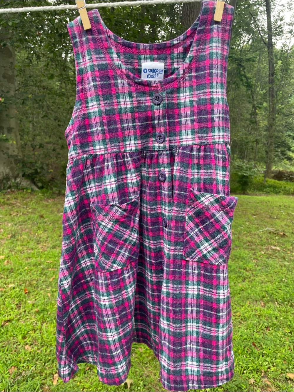 OshKosh B'gosh (VTG Early 2000’s) Pink Green Plaid 100% Cotton Button Dress